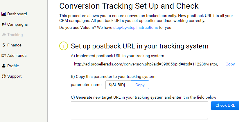 Setup conversions tracking with PropellerAds postback & tokens