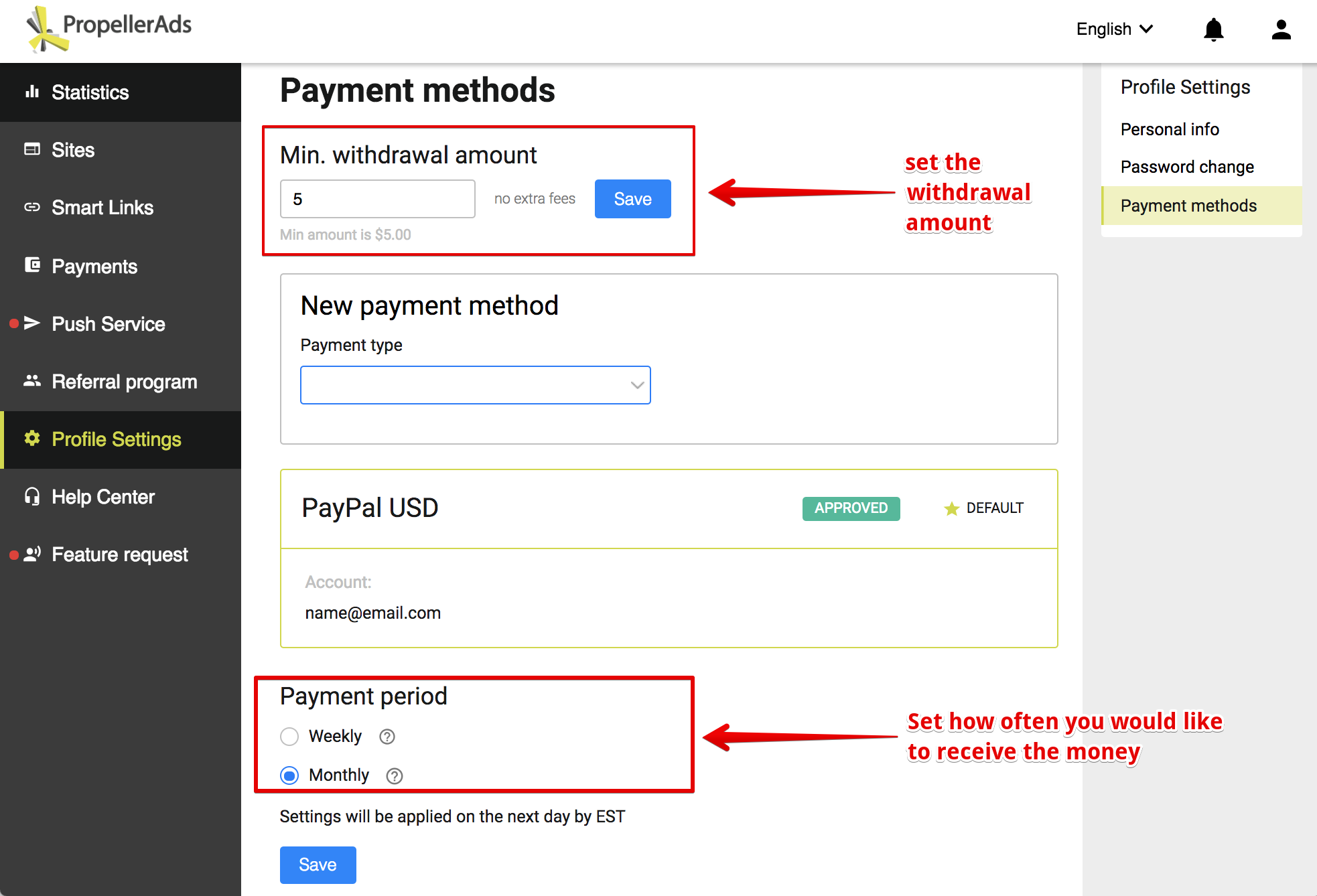 This payment method. Change payment method. Payment Center. Payment link. Weekly payout.