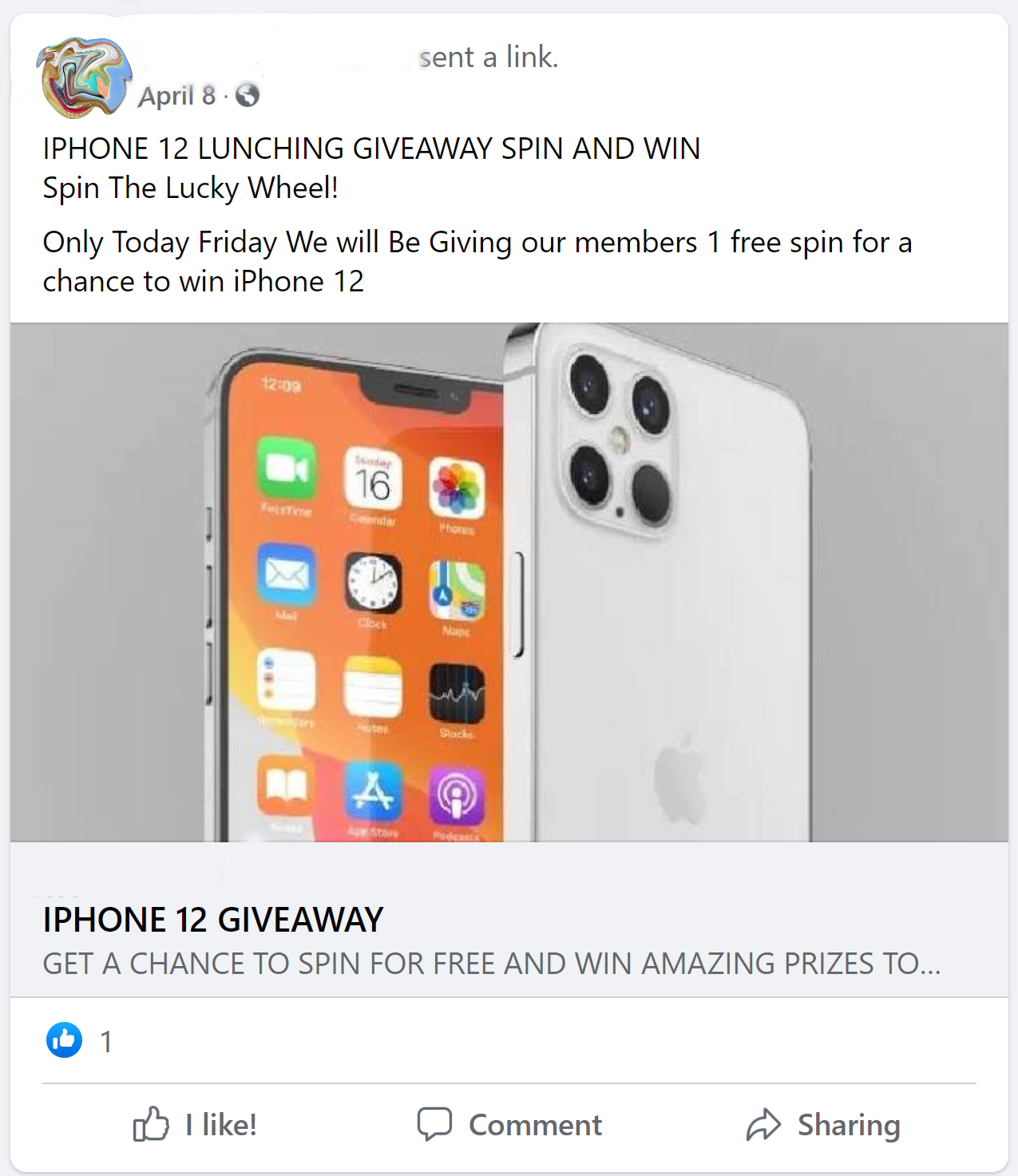 Sweepstakes shared via Facebook