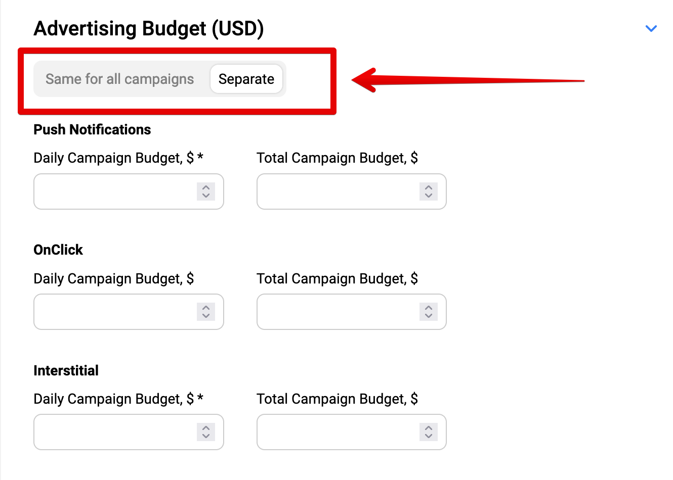 propellerads - cpa goal - multiformat campaigns - budget