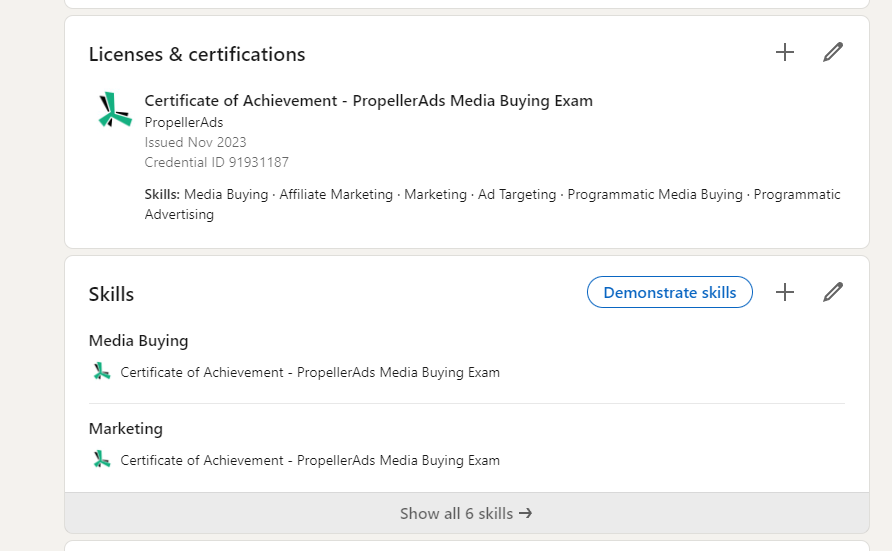 PropellerAds Media Buyer certificate added to LinkedIn page