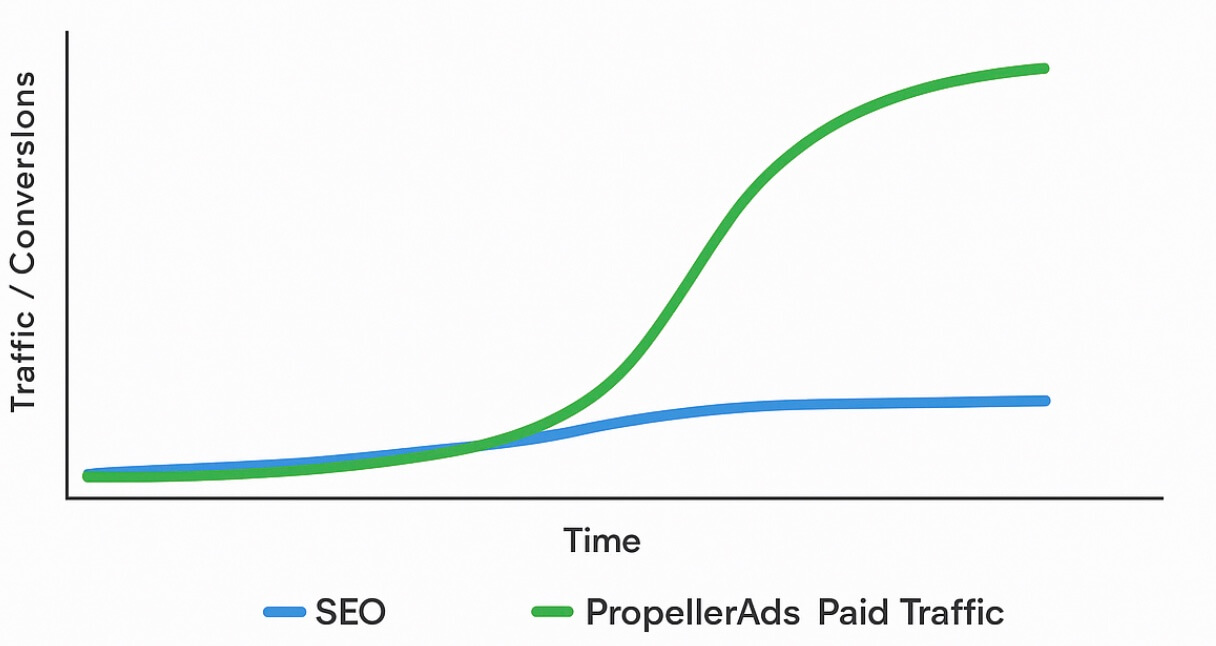PropellerAds - comparison of paid traffic and SEO showing how combining PPC data with eCommerce SEO boosts visibility, conversions, and lowers acquisition costs