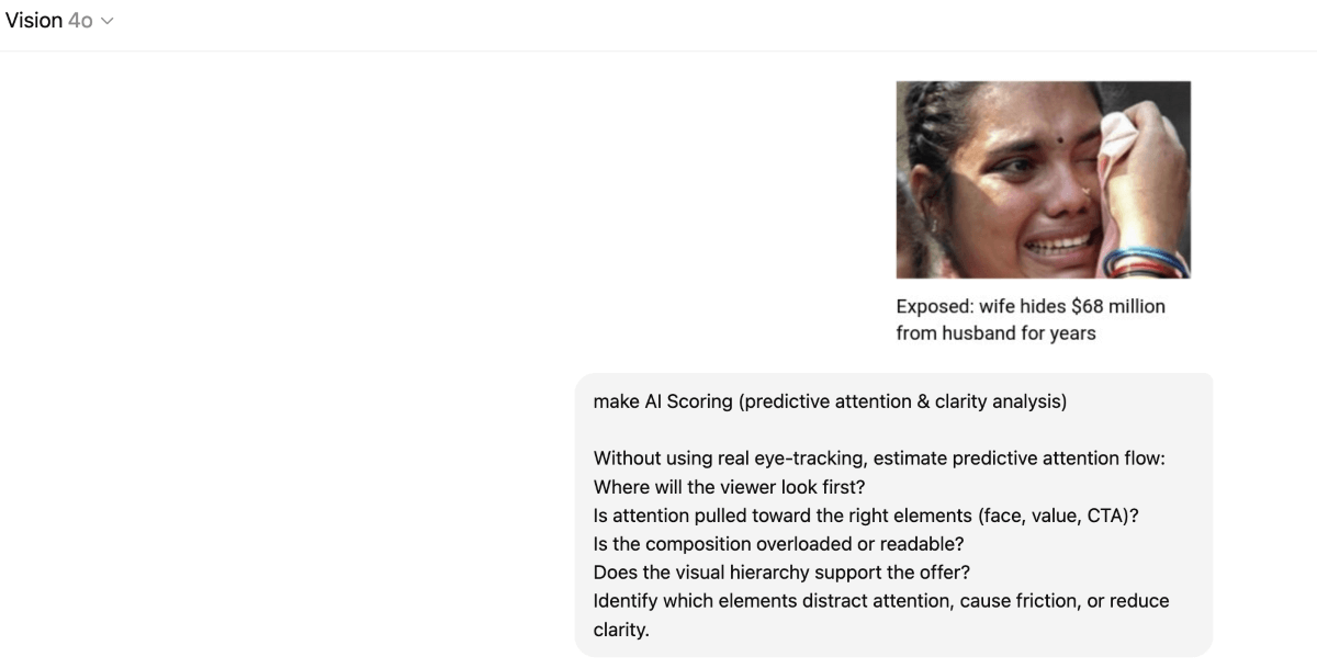 PropellerAds - ChatGPT Vision prompt with an emotional ad image and request for predictive attention and clarity analysis