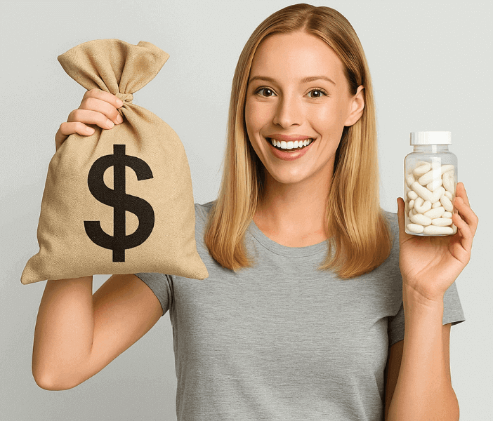 PropellerAds - image showing Nutra girl with money bag and Finance futuristic diagrams, illustrating a mismatch with the offer