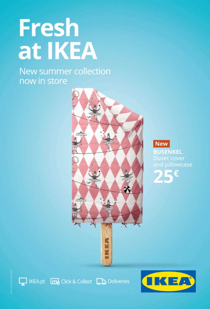 PropellerAds - example of an attention-driven ad creative with clear IKEA message and a product-themed popsicle visual