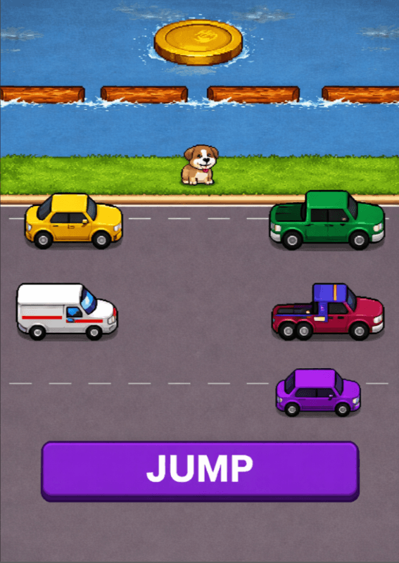 PropellerAds - Interactive ad in a jump game format with moving cars and a reward coin