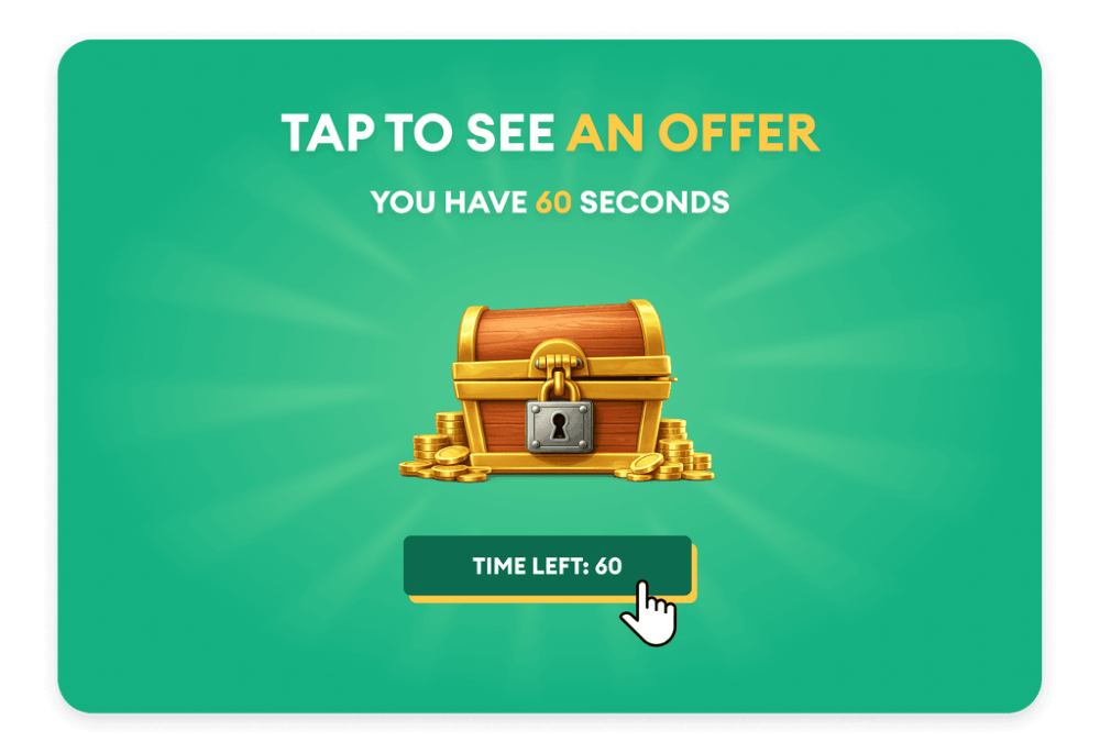 PropellerAds - Interactive ad with a timed tap-to-see-an-offer treasure chest screen