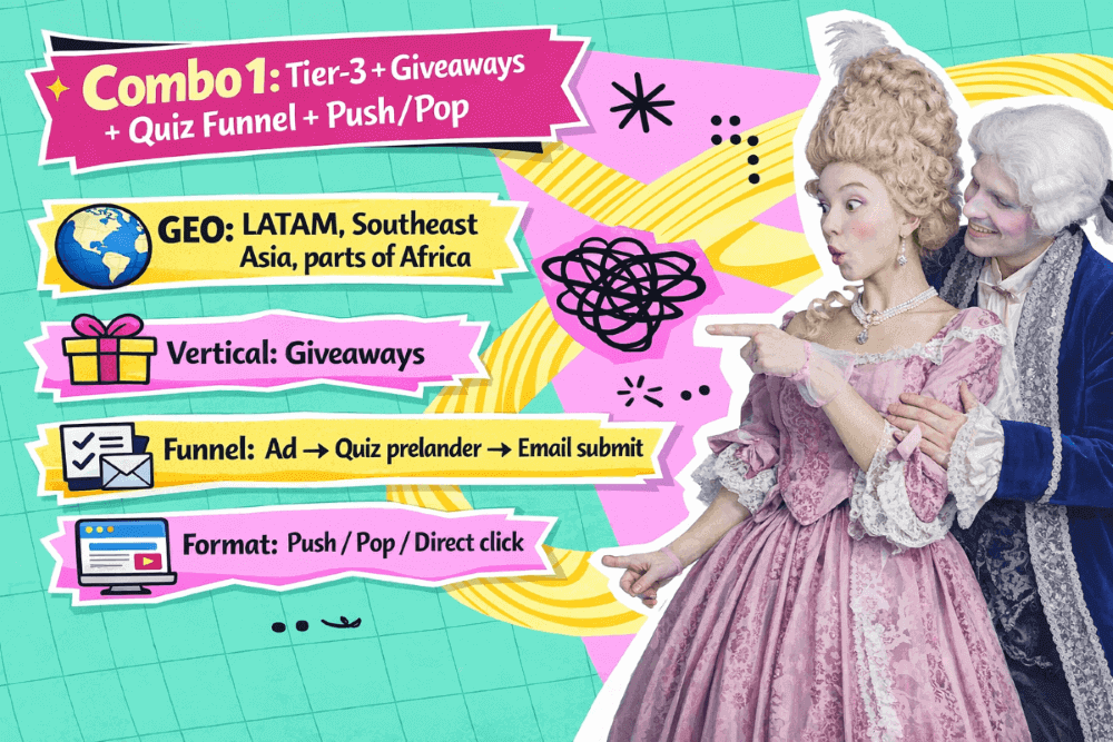 PropellerAds - combo for cheap traffic: Tier-3 giveaways with a quiz funnel, email submit flow, and Push/Pop formats