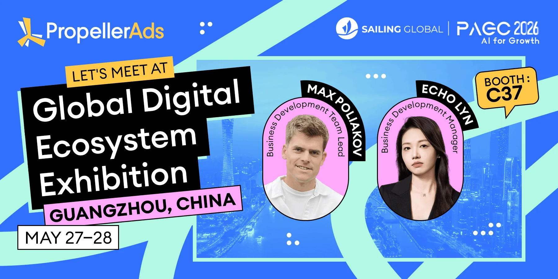 PropellerAds - at the Global Digital Ecosystem Exhibition in Guangzhou, inviting attendees to visit Booth C37.