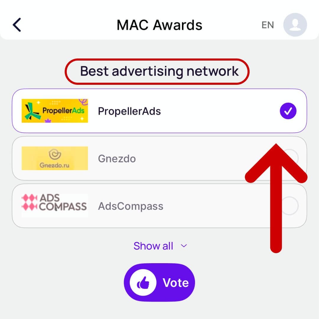 PropellerAds - MAC 2026 voting screen for Best Advertising Network in the Partnerkin app