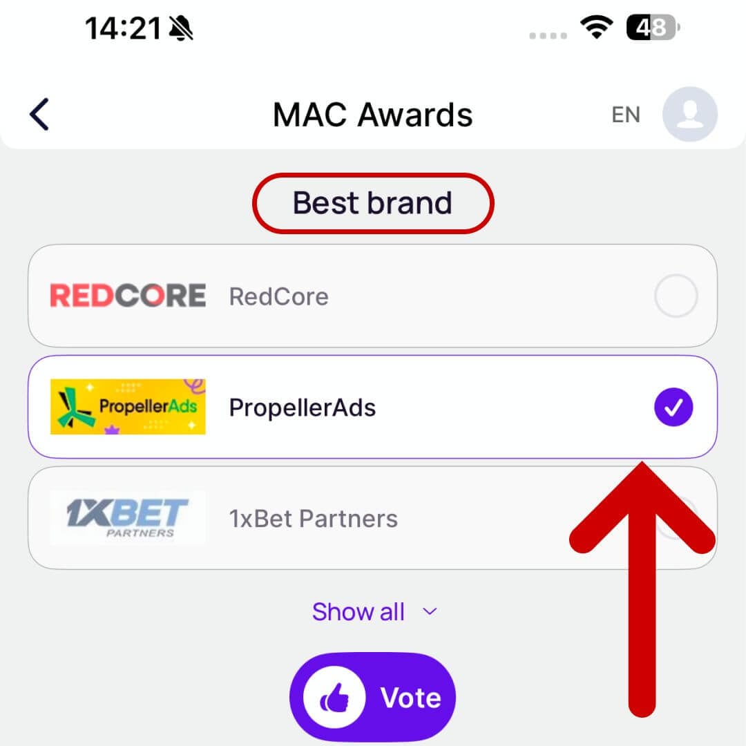 PropellerAds - MAC 2026 voting screen for Best Brand in the Partnerkin app