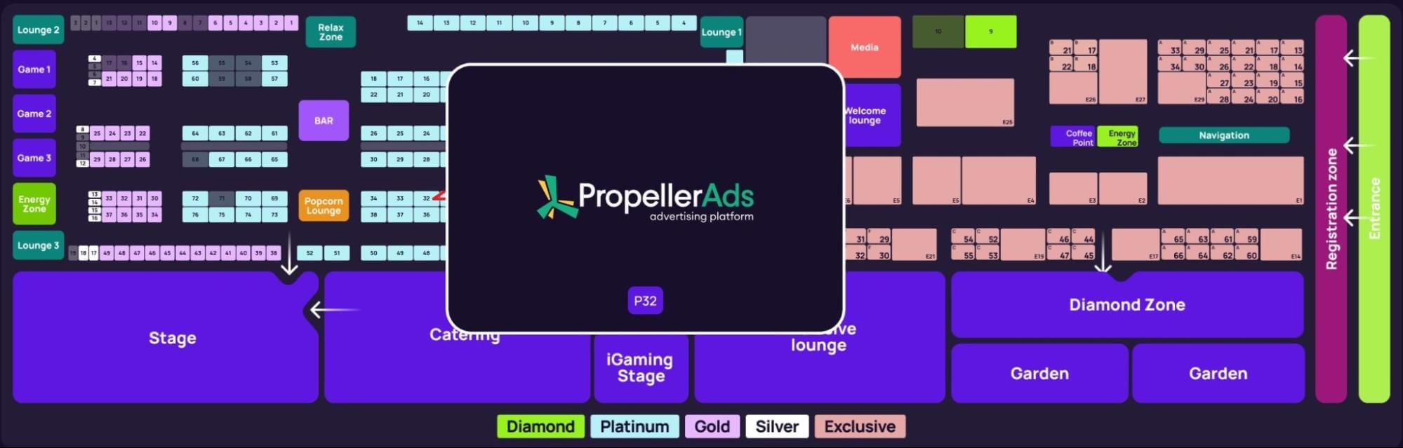 PropellerAds - booth #P32 location on the MAC 2026 venue map at Meridian Expo in Yerevan.