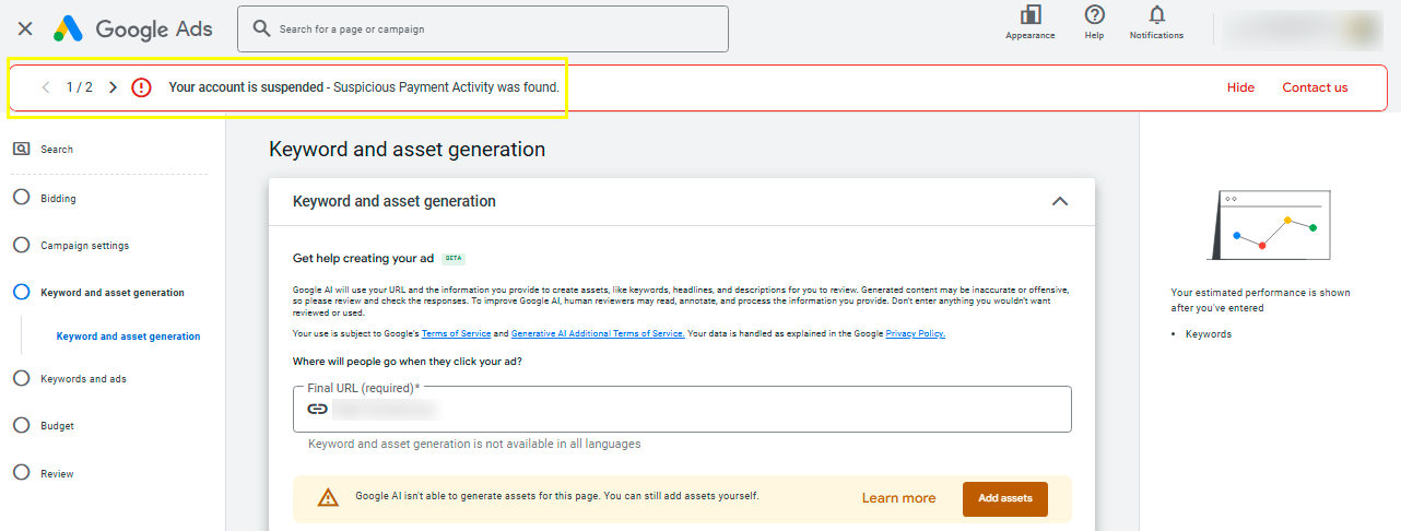 PropellerAds - malware traffic example showing a Google Ads account suspension caused by suspicious payment activity and campaign review issues.
