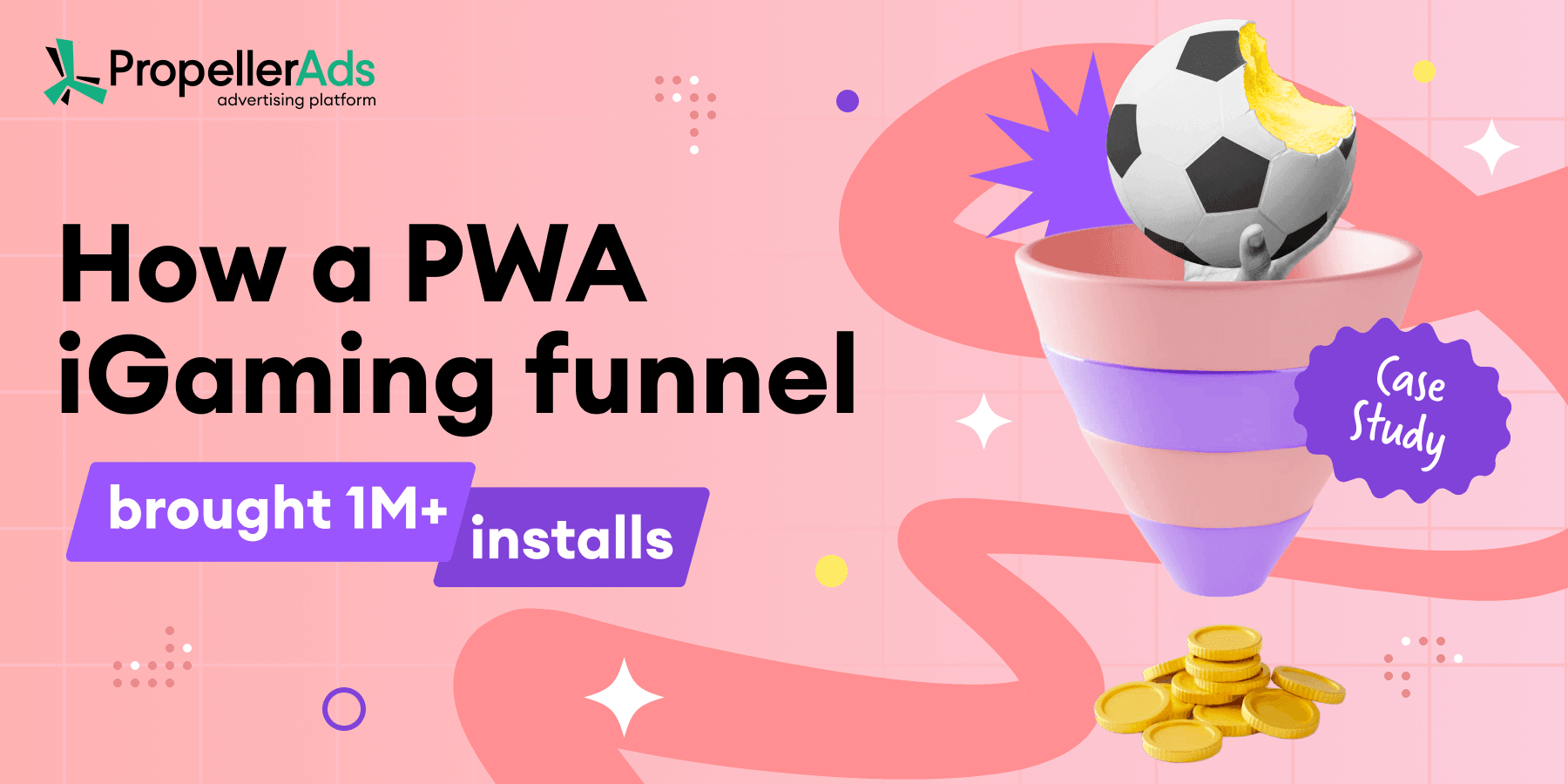 PropellerAds - iGaming PWA case study in Brazil, showing a PWA funnel with over 1 million installs, 63,000 deposits, and campaign results over five months.