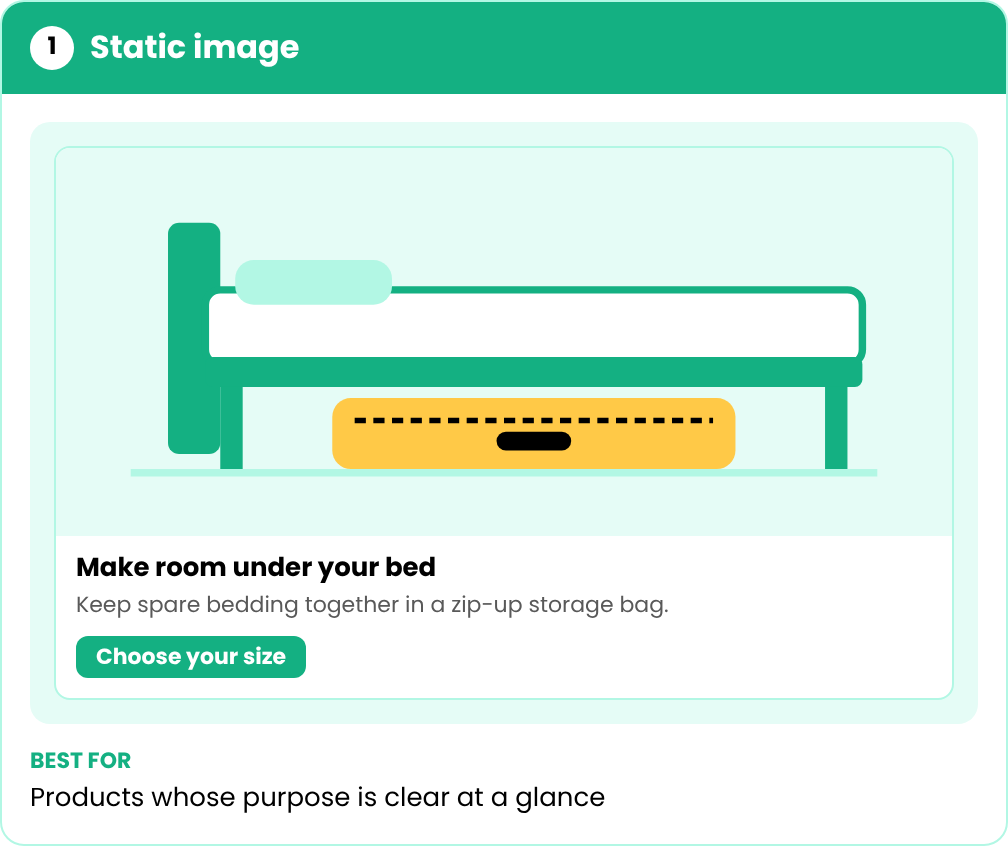 PropellerAds - Static image dropshipping ad example: storage bag under a bed with headline, description, and call to action