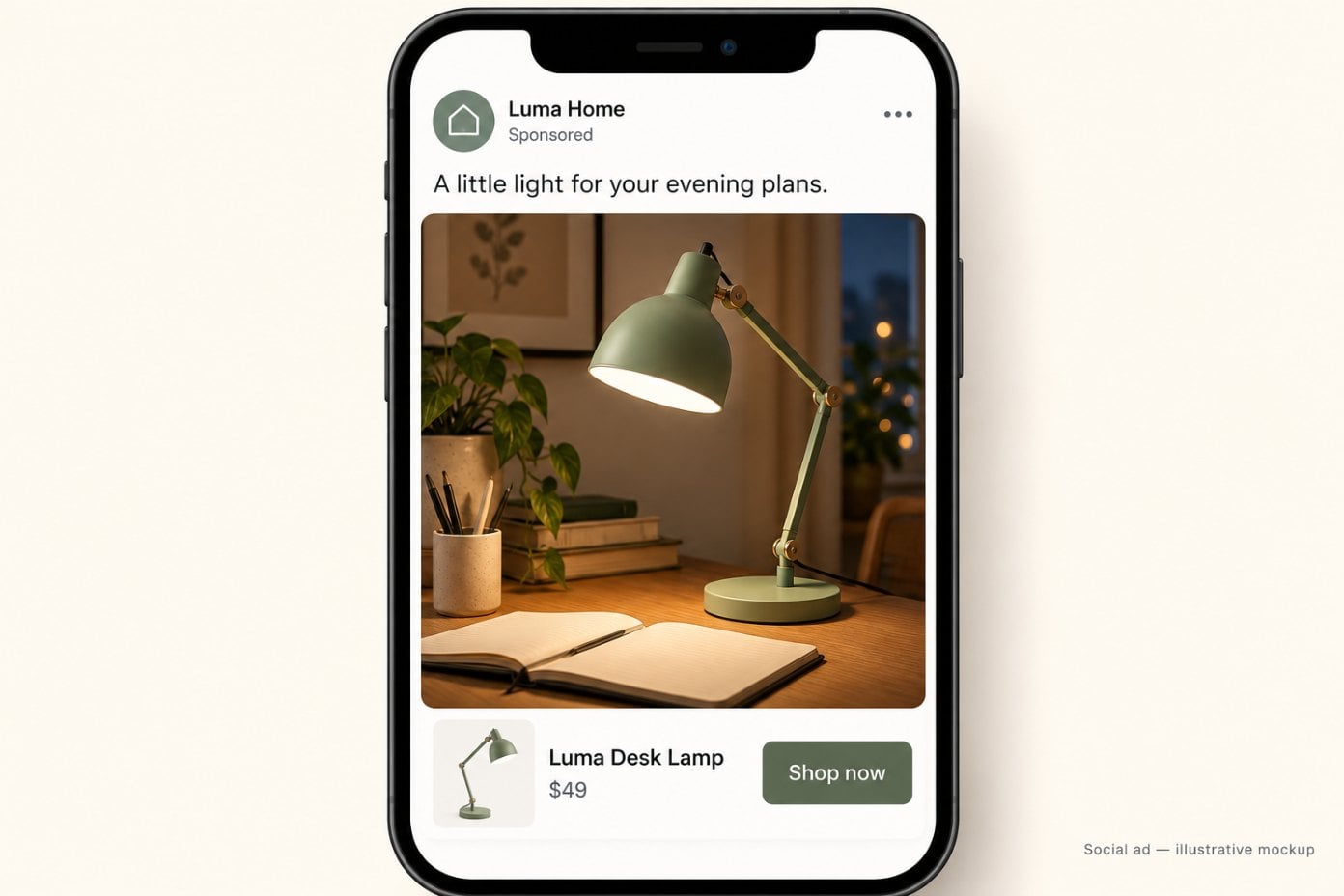 PropellerAds - Product ad examples for a fictional desk lamp
