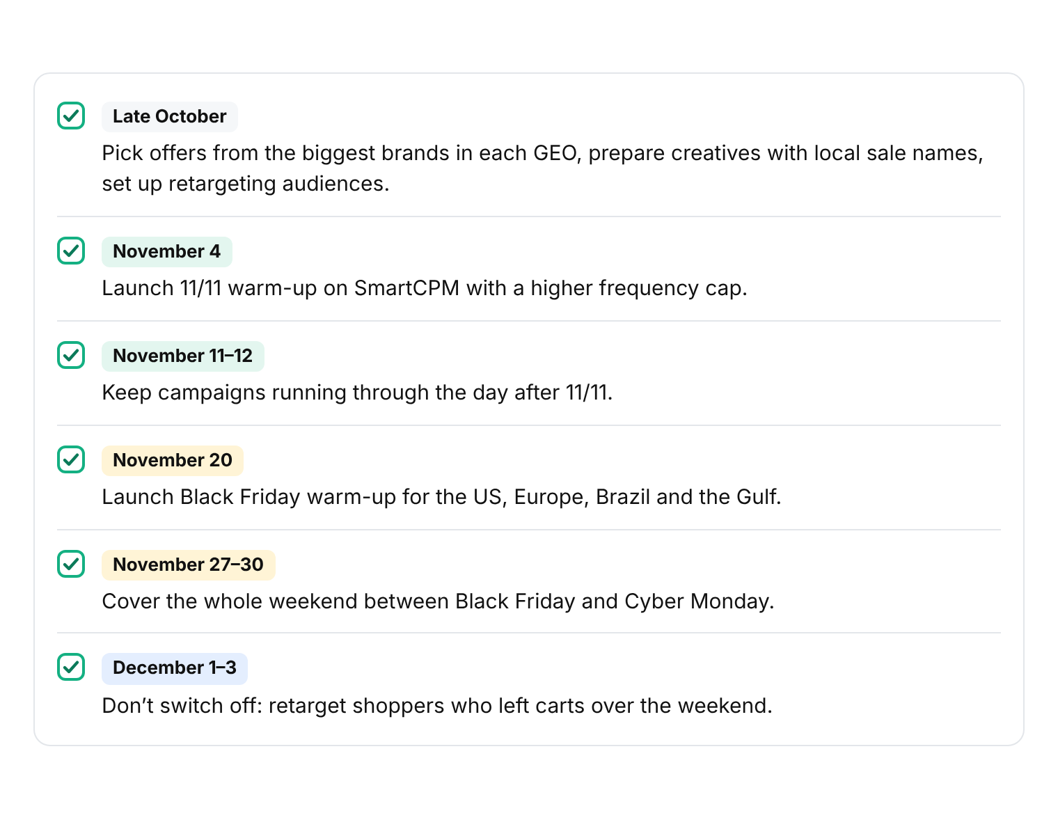 Sales season 2026 checklist for eCommerce advertising campaigns, from offer selection in late October to retargeting on December 1–3