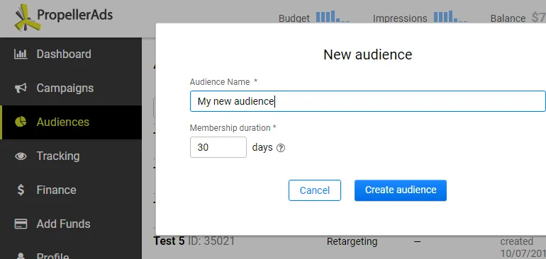 Create new retargeting audience