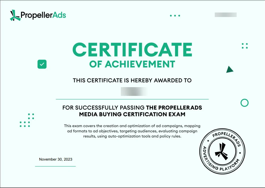 PropellerAds Media Buyer Certificate example