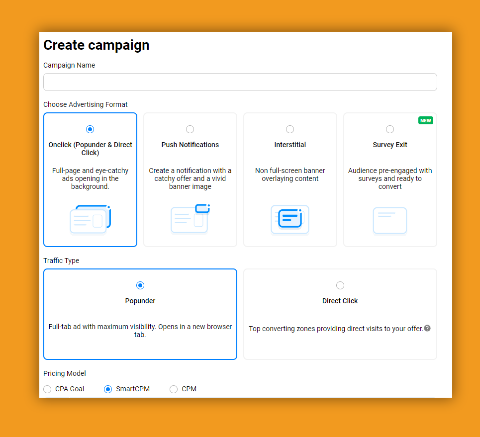 create campaign at propellerads - formats