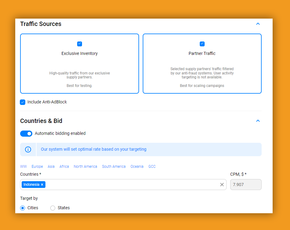 create campaign at propellerads - traffic sources