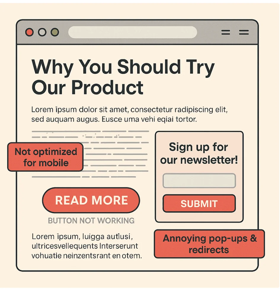 PropellerAds - landing page UX issues with poor design, broken mobile layout, and bad user experience