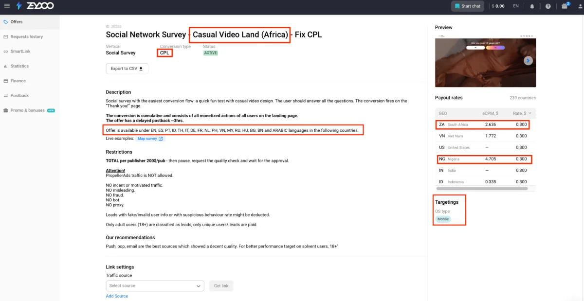 PropellerAds - guide to checking CPA offer conditions formats traffic GEOs and conversion rules