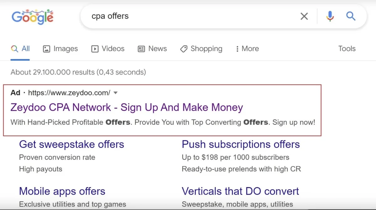 PropellerAds - example of using Google search to find affiliate or partner programs