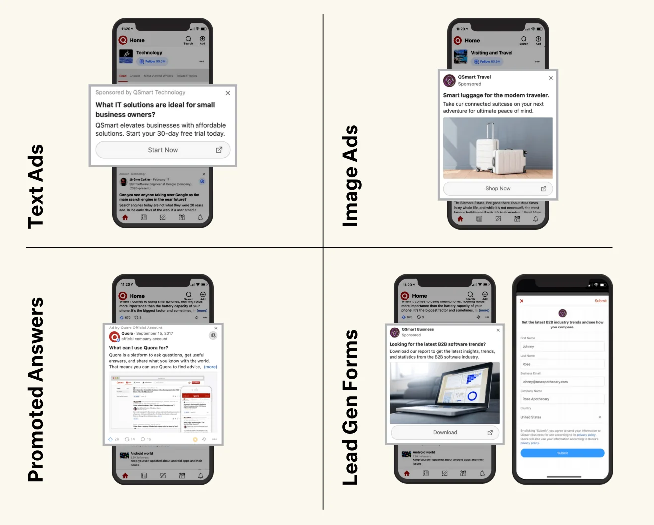 PropellerAds - Quora multiple ad formats including text, image, video, and lead-generation ads for affiliates