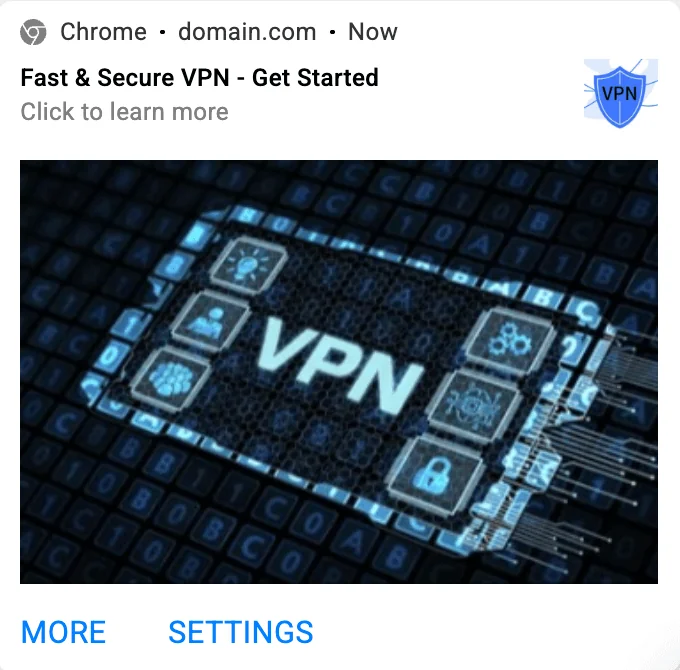 PropellerAds - before VPN banner example with generic fast and secure VPN message and low conversions