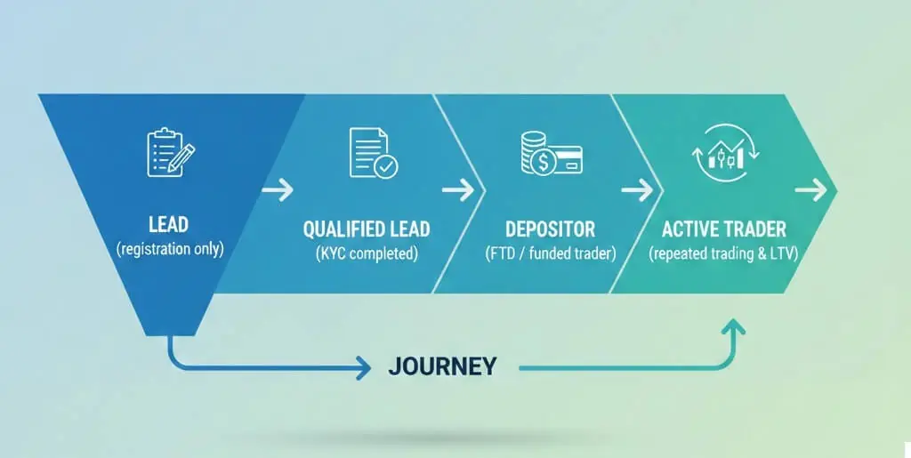 PropellerAds - forex lead journey funnel showing stages from lead to qualified lead, depositor, and active trader.