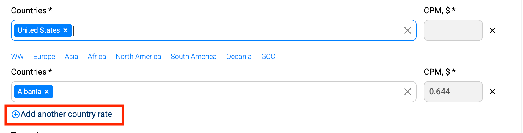 PropellerAds - screen showing “Add another country rate” to set separate CPM bids for multiple GEOs
