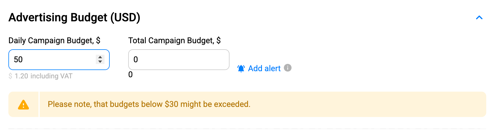PropellerAds - Advertising Budget section showing Daily Campaign Budget and Total Campaign Budget fields
