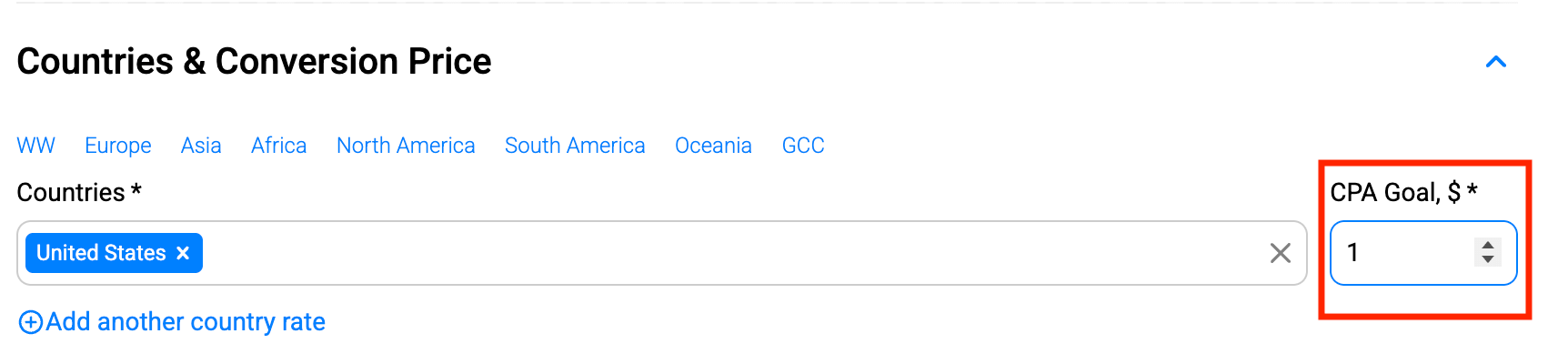 PropellerAds - Countries & Conversion Price section showing CPA Goal $ field for setting target cost per conversion