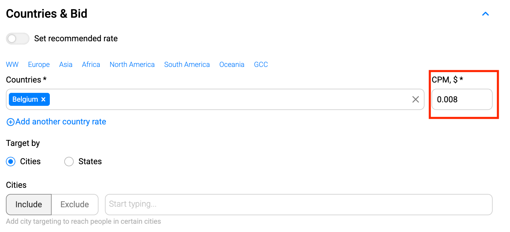 PropellerAds - CPM bid set for Belgium showing CPM $ rate field (0.008)