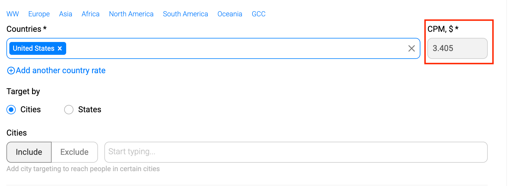 PropellerAds - CPM bid set for United States showing CPM $ rate field (3.405)