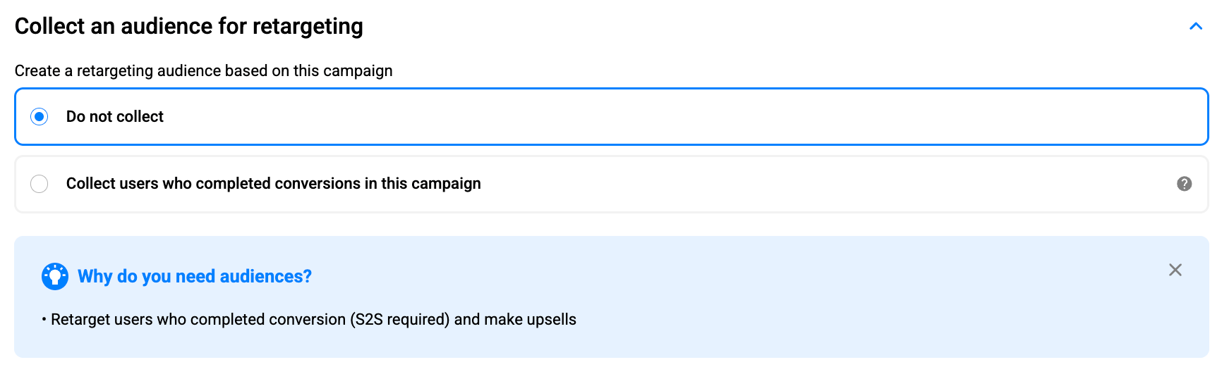 PropellerAds - retargeting audience settings showing “Do not collect” and “Collect users who completed conversions” options