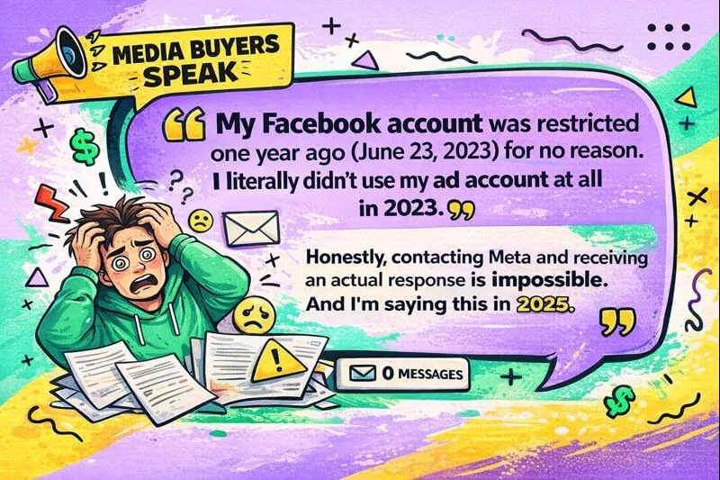 PropellerAds - illustration of a media buyer saying Facebook account was restricted for no reason