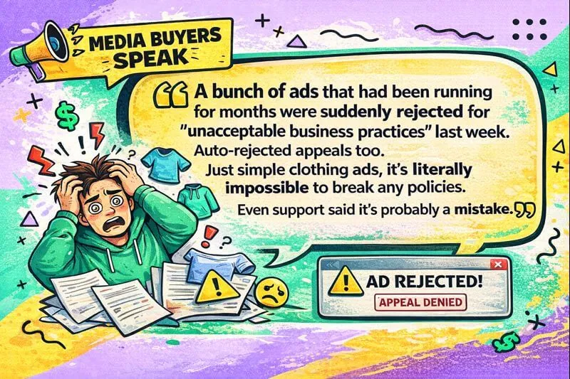 PropellerAds - illustration showing a media buyer upset about retroactive ad rejection and appeal denied