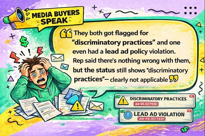 PropellerAds - illustration of a stressed media buyer as job/housing ads get flagged for “discriminatory practices” and “lead ad policy violation.”