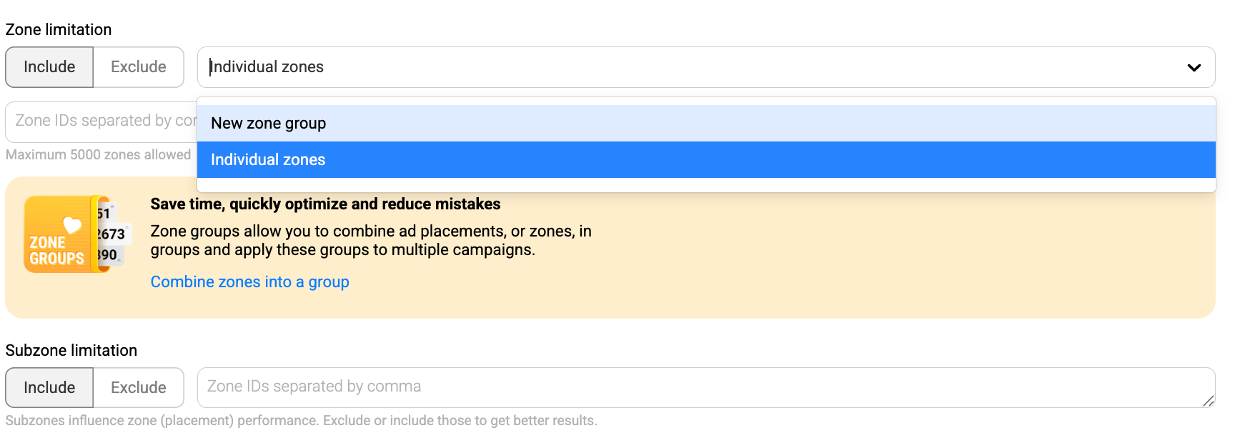 PropellerAds - zone limitation settings showing Zone Groups and Individual zones options for Popunder optimization