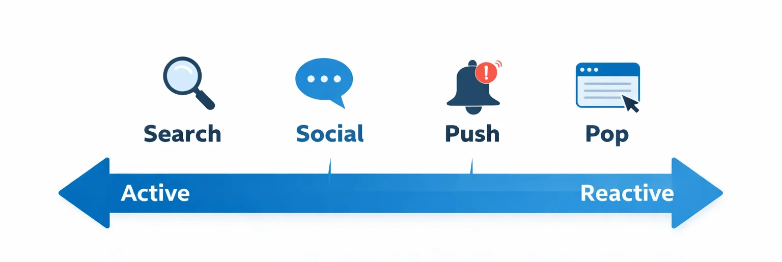 PropellerAds - visual showing attention shift from active to reactive across Search, Social, Push, and Pop traffic types