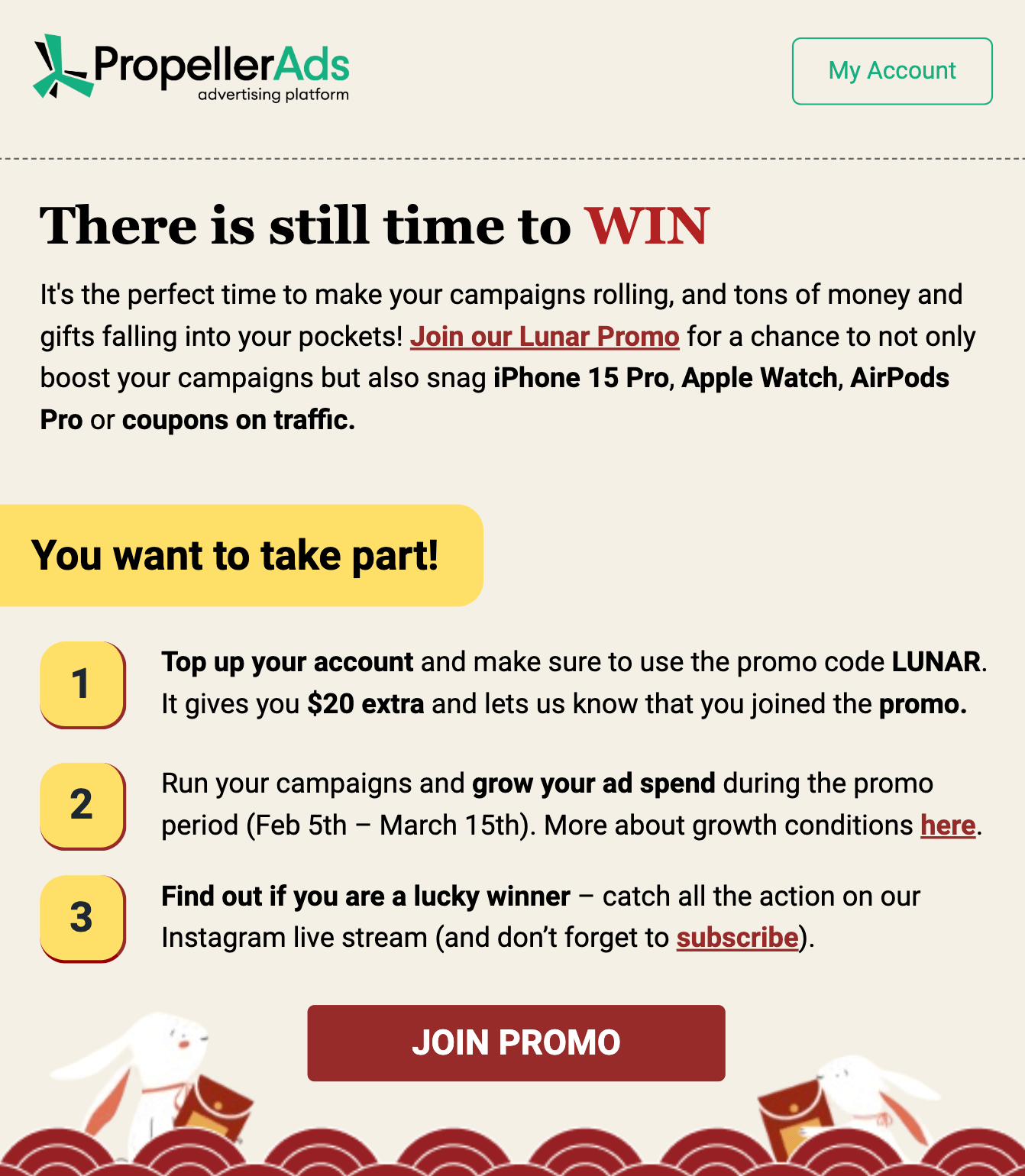 PropellerAds - email marketing example promoting a Lunar Promo with steps to join, promo code LUNAR, and a “Join Promo” call to action