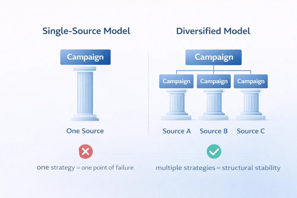 PropellerAds - diagram comparing single-source campaigns vs a diversified model, showing one point of failure versus stable multi-source strategy
