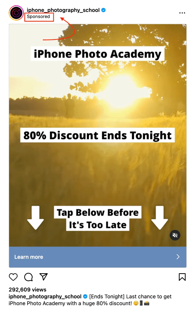 PropellerAds - example of social media advertising on Instagram, showing a sponsored feed ad with a limited-time discount offer