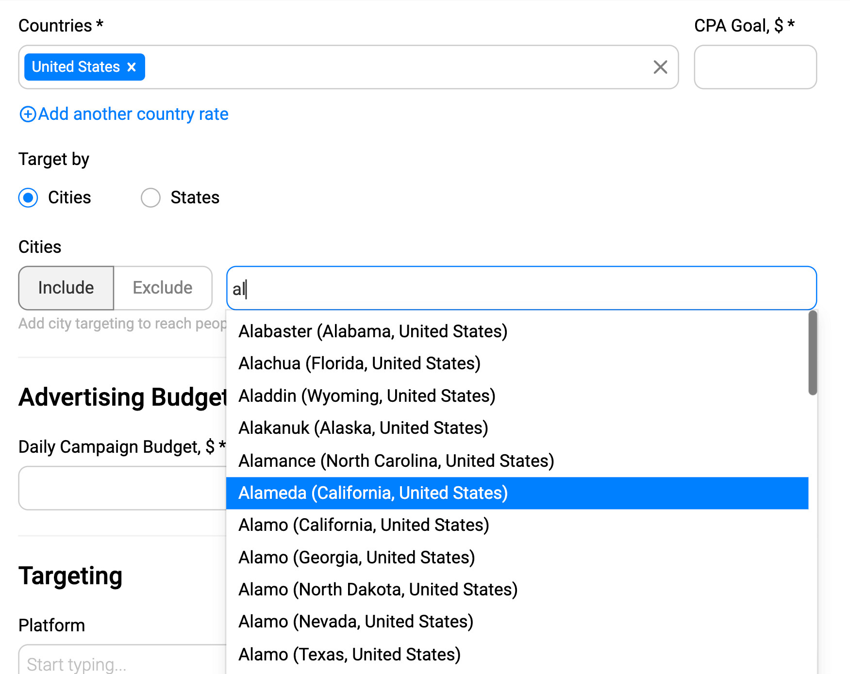 PropellerAds - targeting settings showing GEO selection by cities and CPA goal fields inside the advertising platform