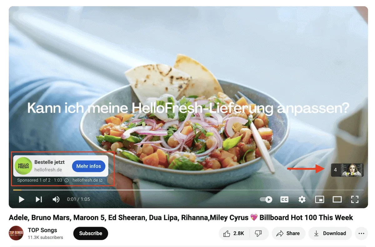 PropellerAds - example of video advertising on YouTube, showing a sponsored in-stream ad overlay with a call-to-action button