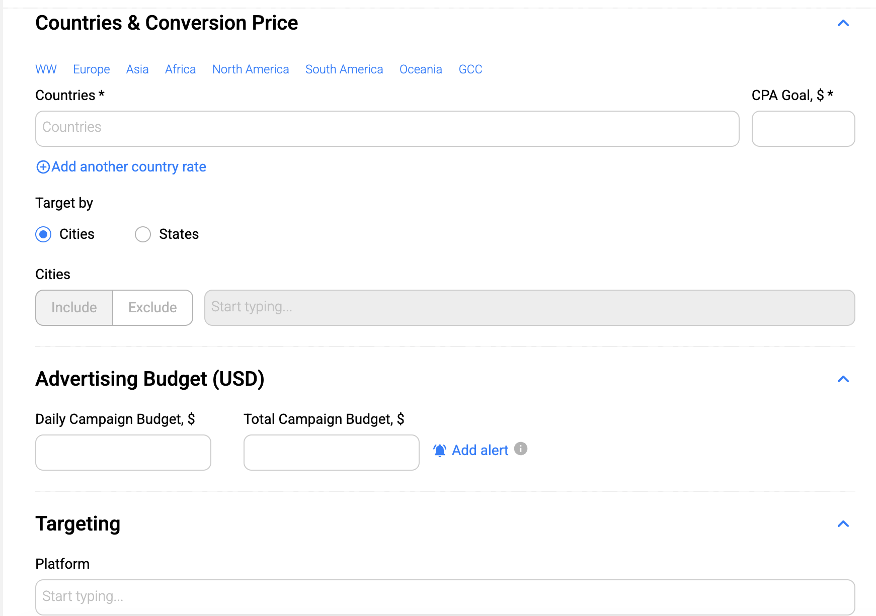 PropellerAds campaign targeting interface 2026 with advanced filters including OS, device, browser, connection type, VPN, and zone targeting