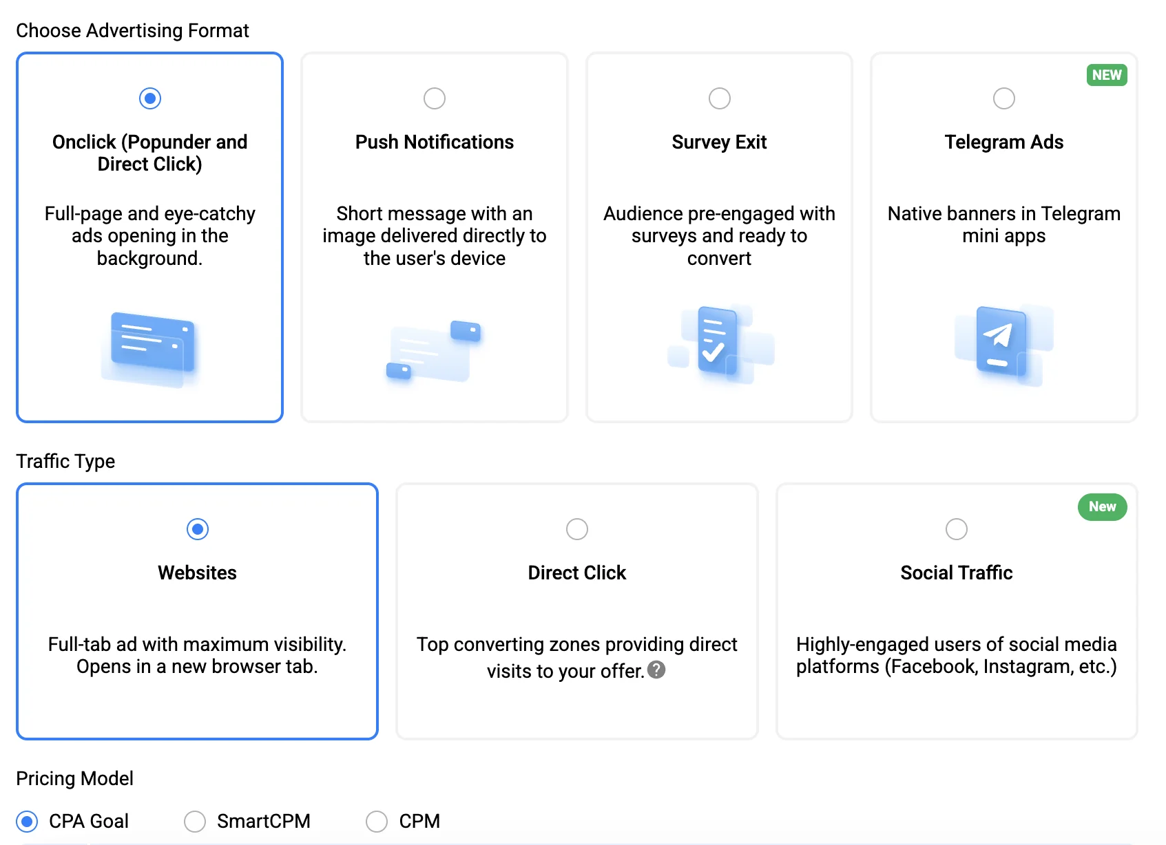 PropellerAds campaign setup screen 2026 showing ad format options, traffic types, and CPA Goal pricing model selection
