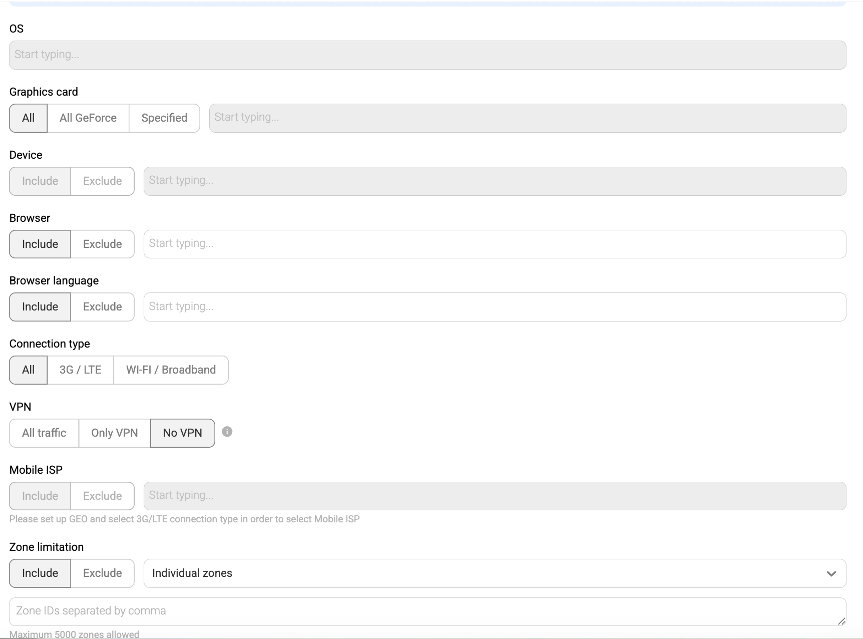 PropellerAds campaign targeting interface 2026 with advanced filters including OS, device, browser, connection type, VPN, and zone targeting